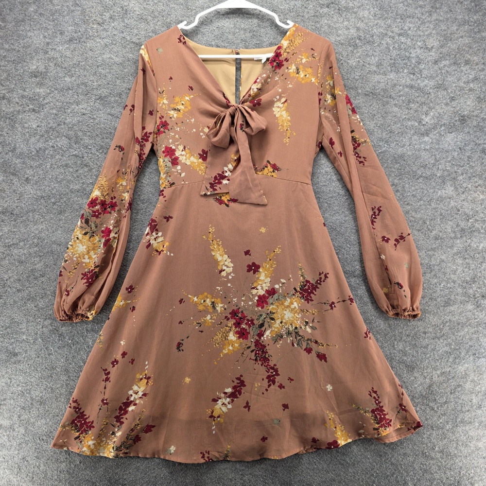 Maurices Dress Womens Extra Small Brown Floral Long Sleeve Tie Neck Lined Boho